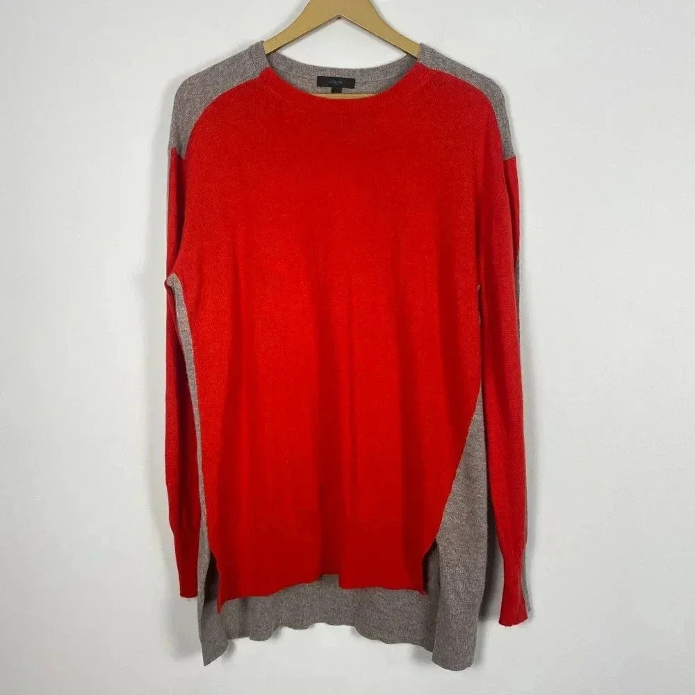 J. Crew Wool Red and Tan Color Block Tunic Sweater